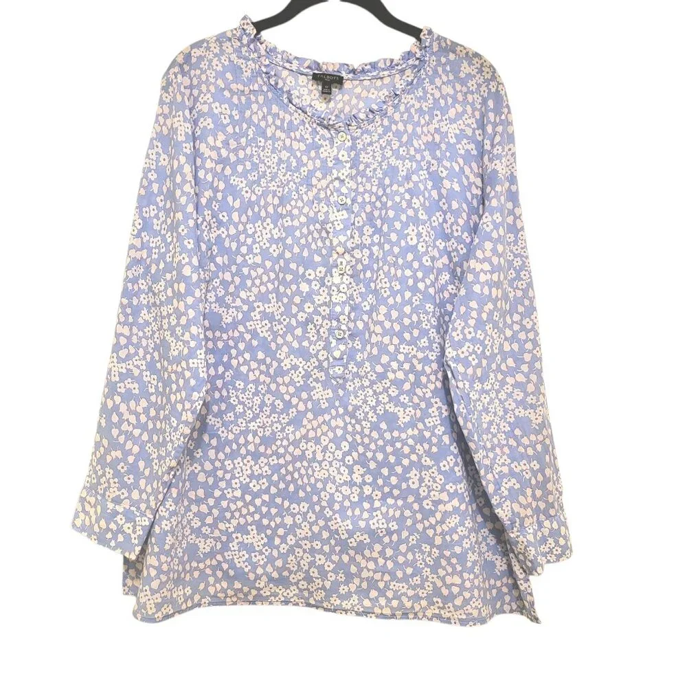Womens Talbots LS Lightweight Spring Summer Blue Floral Coastal Top Blouse Sz 1X - Picture 1 of 10